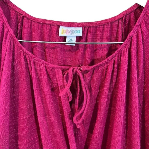 LulaRoe Hot Pink Midi Dress XL Draped Keyhole V Neck Long Balloon Sleeve Stretch - Picture 5 of 6